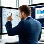 A focused professional digital marketer, fully clothed in a modest business suit, observing multiple large monitors displaying dynamic real-time analytics dashboards. The screens show intricate customer journey maps, live website traffic data, interactive conversion funnels, and detailed heatmaps, all rendered with sharp, clear data visualizations. The modern office background is clean and well-lit, conveying insights and strategic decision-making. perfect anatomy, correct proportions, natural pose, well-formed hands, proper finger count, natural body proportions, safe for work, appropriate content, fully clothed, professional.