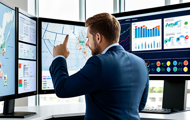 A focused professional digital marketer, fully clothed in a modest business suit, observing multiple large monitors displaying dynamic real-time analytics dashboards. The screens show intricate customer journey maps, live website traffic data, interactive conversion funnels, and detailed heatmaps, all rendered with sharp, clear data visualizations. The modern office background is clean and well-lit, conveying insights and strategic decision-making. perfect anatomy, correct proportions, natural pose, well-formed hands, proper finger count, natural body proportions, safe for work, appropriate content, fully clothed, professional.