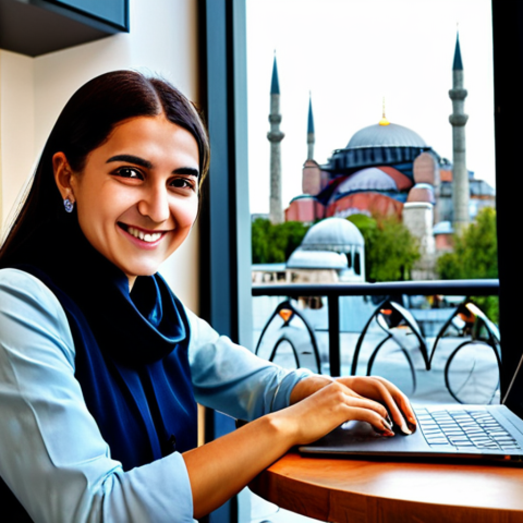 **
"A stylish, fully clothed Turkish woman in a modern business casual outfit, working on a laptop at a trendy café in Istanbul. Background features the Hagia Sophia in the distance. She is smiling and appears friendly. appropriate attire, safe for work, perfect anatomy, natural proportions, professional photography, high quality, family-friendly, modest."
**