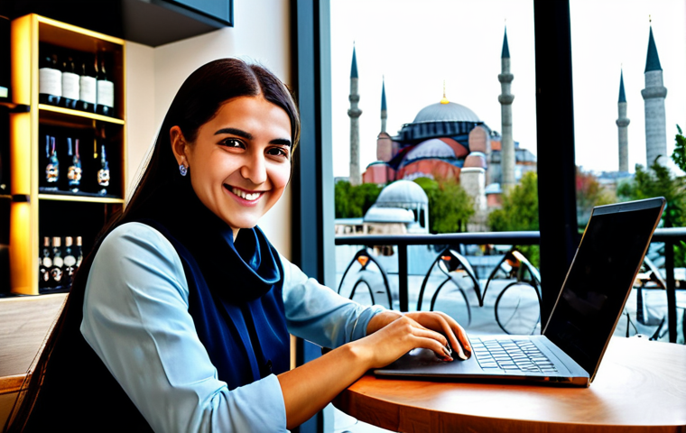 **
"A stylish, fully clothed Turkish woman in a modern business casual outfit, working on a laptop at a trendy café in Istanbul. Background features the Hagia Sophia in the distance. She is smiling and appears friendly. appropriate attire, safe for work, perfect anatomy, natural proportions, professional photography, high quality, family-friendly, modest."
**