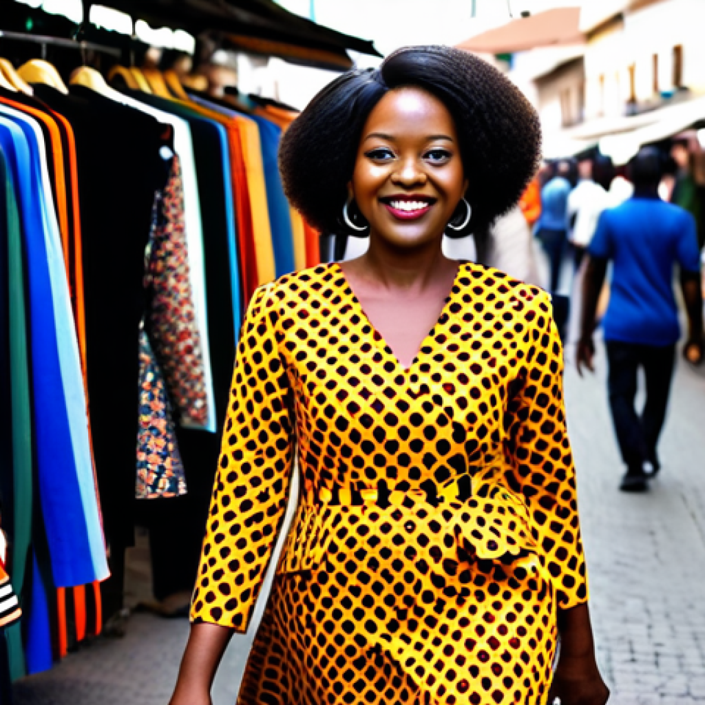 **
A vibrant Ankara street scene, featuring a stylish businesswoman in a tailored, brightly colored Ankara print dress, fully clothed, appropriate attire. She's confidently walking towards the camera, holding a modern smartphone. Background includes bustling market stalls with colorful textiles and friendly locals. Safe for work, perfect anatomy, natural proportions, professional photography, high resolution.
**