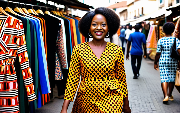 **
A vibrant Ankara street scene, featuring a stylish businesswoman in a tailored, brightly colored Ankara print dress, fully clothed, appropriate attire. She's confidently walking towards the camera, holding a modern smartphone. Background includes bustling market stalls with colorful textiles and friendly locals. Safe for work, perfect anatomy, natural proportions, professional photography, high resolution.
**