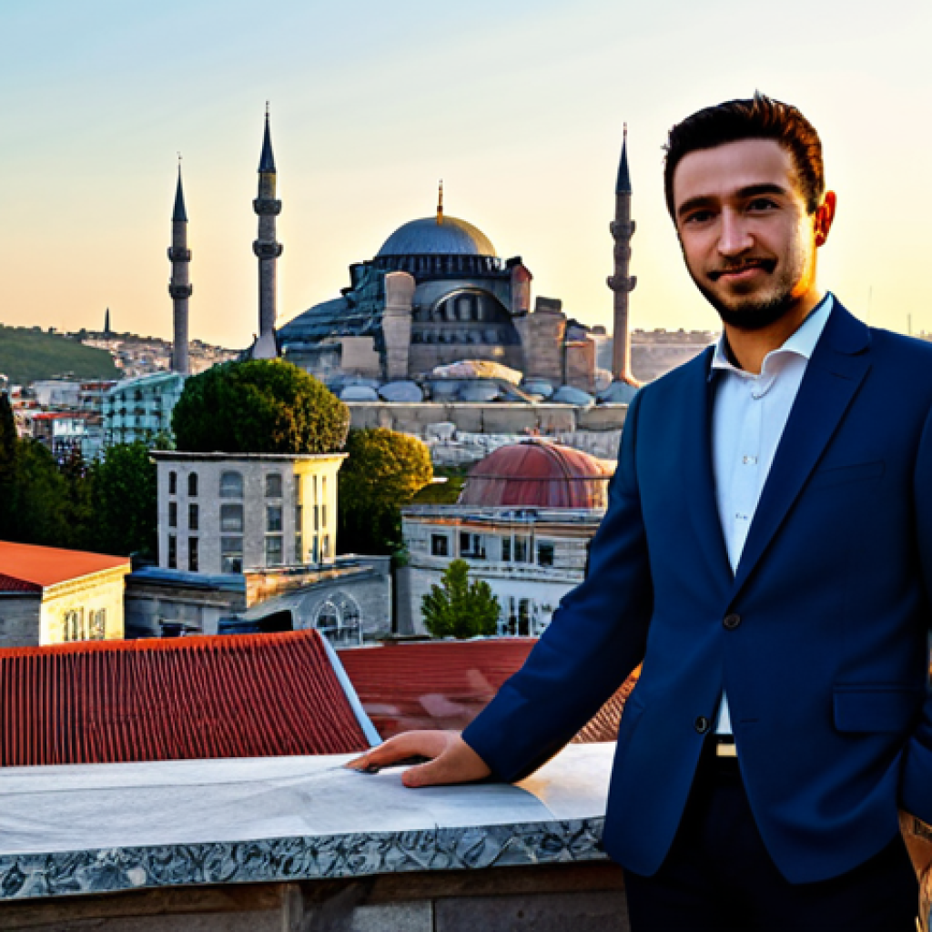 Modern Istanbul Architect**
A young Turkish architect, fully clothed in stylish and modest professional attire (think smart casual - maybe a blazer and neat trousers), stands on a rooftop overlooking the Istanbul skyline at sunset. The Hagia Sophia and Blue Mosque are visible in the background. Perfect anatomy, correct proportions, well-formed hands, natural pose. Professional photography, golden hour lighting, safe for work, appropriate content, family-friendly.
**