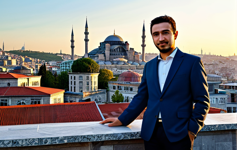 Modern Istanbul Architect**
A young Turkish architect, fully clothed in stylish and modest professional attire (think smart casual - maybe a blazer and neat trousers), stands on a rooftop overlooking the Istanbul skyline at sunset. The Hagia Sophia and Blue Mosque are visible in the background. Perfect anatomy, correct proportions, well-formed hands, natural pose. Professional photography, golden hour lighting, safe for work, appropriate content, family-friendly.
**