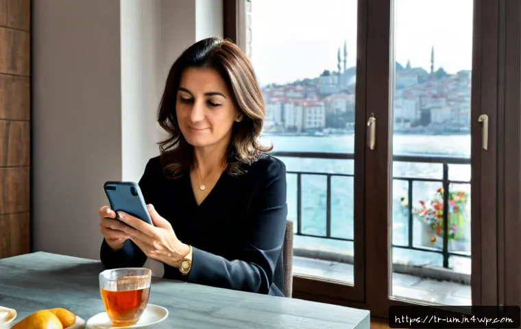 Home 17 고객 의사결정 과정 이해하기 - Photorealistic Turkish woman in her 40s at a bright Istanbul apartment dining table, thoughtfully co...
